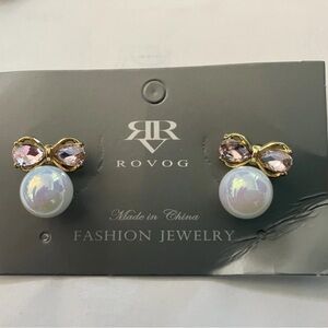 Pink Crystal Bow Faux Pearl Fashion Earrings